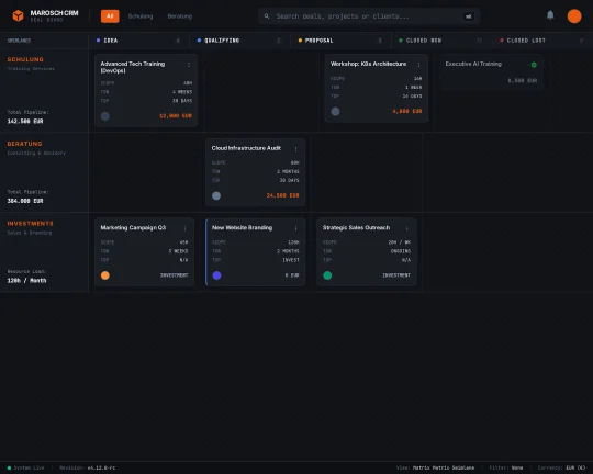 marosch CRM — Pipeline-Cockpit für Beratung, Schulung und eigene Investments